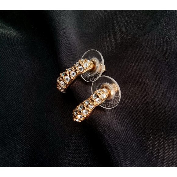 Vintage SWAROVSKI Signed Gold Tone Crystal Tiny Half Hoop Earrings - Picture 3 of 5
